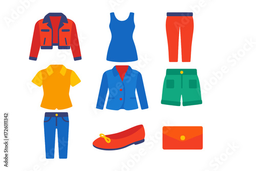 Petite Fashion Icons. Flat vector icons of petite sizing: cropped jacket, mini dress, ankle trousers, fitted blouse, petite blazer
