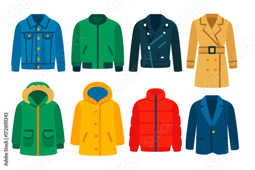 Colorful Outerwear Icons. Flat vector icons of outerwear and jackets: denim jacket, bomber jacket, leather moto, trench coat,