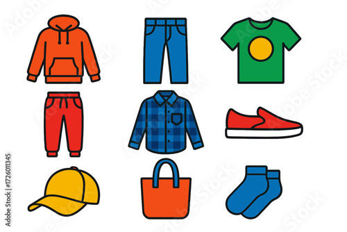 Bright Fashion Icons. Flat vector icons of casual and everyday wear: hoodie, denim, graphic tee, joggers, flannel shirt, slip-on,
