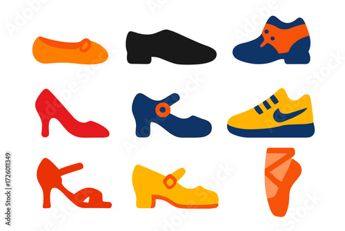Dance Footwear Icons. Flat vector icons of dance footwear: ballet slipper, jazz shoe, tap shoe, ballroom pump, flamenco shoe,