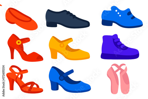 Dance Footwear Icons. Flat vector icons of dance footwear: ballet slipper, jazz shoe, tap shoe, ballroom pump, flamenco shoe,