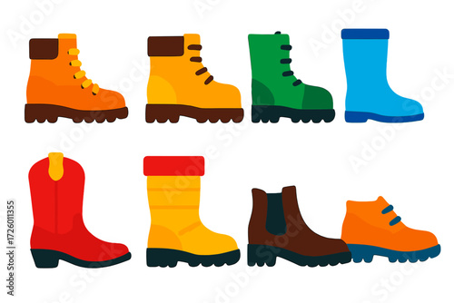 Vibrant Boot Icons. Flat vector icons of outdoor boots: hiking boot, work boot, combat boot, rain boot, cowboy boot, snow boot,