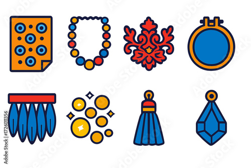 Couture Icon Set. Flat vector icons of couture embellishments: sequin swatch, bead strand, lace applique, embroidery hoop, feather