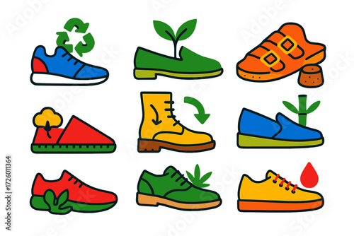 Eco Shoe Icons. Flat vector icons of eco and vegan shoes: recycled sneaker, plant-based leather shoe, cork sandal, organic cotton
