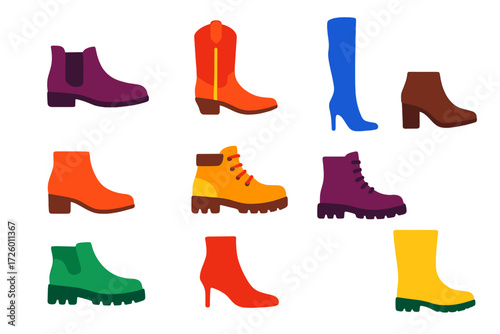 Fashion Boot Icons. Flat vector icons of fashion boot styles: Chelsea boot, cowboy boot, over-the-knee boot, ankle boot, hiking