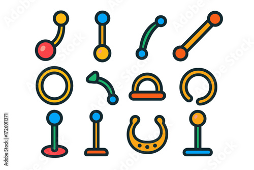 Bold Body Jewelry Icons. Flat vector icons of body and belly jewelry: navel ring, navel barbell, industrial piercing, hoop nose