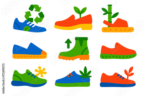 Eco Shoe Icons. Flat vector icons of eco and vegan shoes: recycled sneaker, plant-based leather shoe, cork sandal, organic cotton