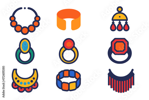 Statement Jewelry Icons. Flat vector icons of statement jewelry: oversized necklace, bold cuff, dramatic ring, chandelier earring,