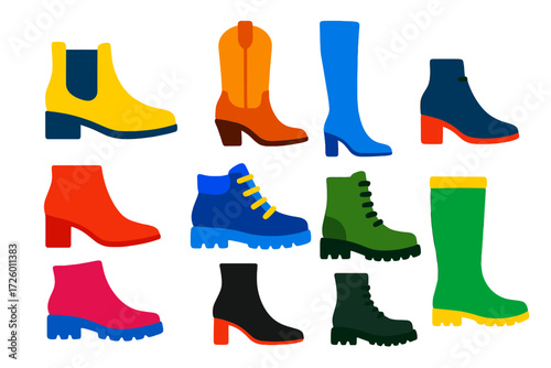 Fashion Boot Icons. Flat vector icons of fashion boot styles: Chelsea boot, cowboy boot, over-the-knee boot, ankle boot, hiking