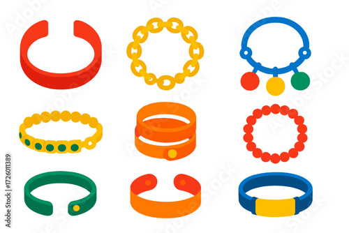 Vibrant Bracelet Icons. Flat vector icons of bracelets and bangles: cuff bracelet, chain bracelet, tennis bracelet, charm bracelet