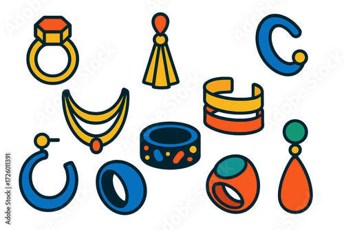 Modern Jewelry Icons. Flat vector icons of fashion jewelry trends: geometric ring, tassel earring, ear cuff, layered necklace,