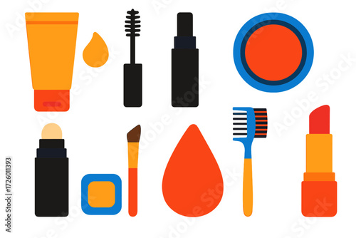 Colorful Cosmetic Icons. Flat vector icons of natural makeup: tinted moisturizer, brow gel, cream blush, sheer lip balm, highlight