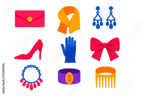 Evening Accessories Icons. Flat vector icons of evening accessories: clutch bag, shawl wrap, chandelier earrings, stiletto, mesh