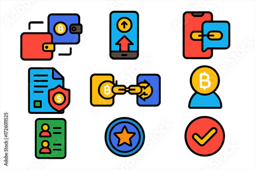 Flat Crypto Icons. Flat vector icons of peer-to-peer crypto: wallet-to-wallet, send request, payment channel, escrow smart