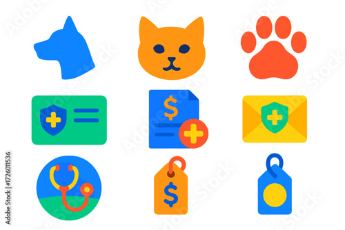 Pet Insurance Icons. Flat vector icons of pet insurance: dog silhouette, cat face, paw print; policy card, veterinary bill, claim