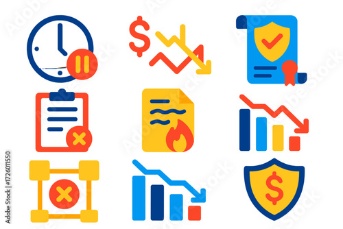 Business Insurance Icons. Flat vector icons of business interruption insurance: clock pause, broken cash flow, policy scroll;