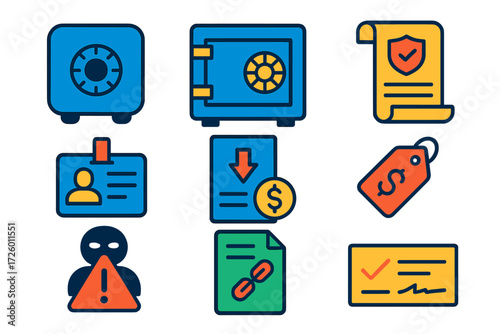 Fidelity Insurance Icons. Flat vector icons of fidelity insurance: safe lock, bank vault, policy scroll; employee badge, loss
