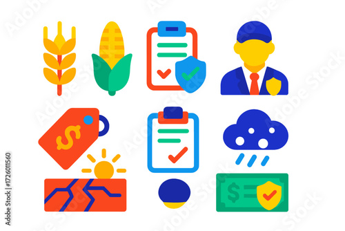Crop Insurance Icons. Flat vector icons of crop insurance: wheat stalk, corn ear, policy scroll; premium tag, claim form, adjuster