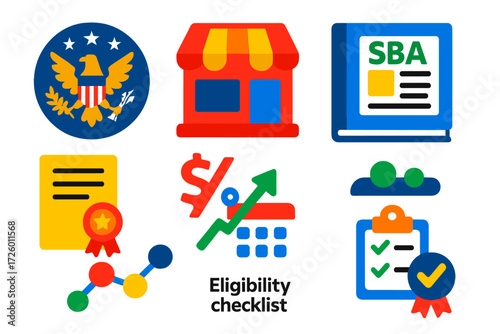 SBA Loan Icons. Flat vector icons of SBA loans: government seal, small biz shop, application booklet; guarantee certificate,