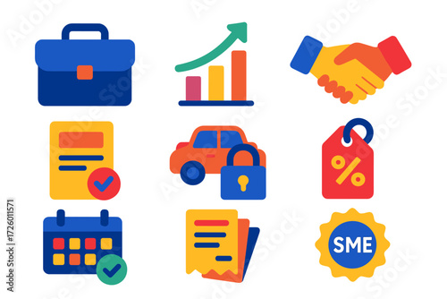Flat Business Loan Icons. Flat vector icons of business loans: briefcase, growth chart, bank handshake; loan proposal, collateral