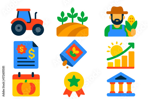 Agricultural Loan Icons. Flat vector icons of agricultural loans: tractor, crop field, farmer; equipment invoice, seed purchase,