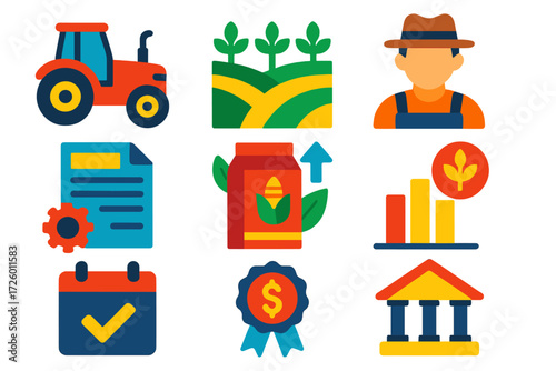 Agricultural Loan Icons. Flat vector icons of agricultural loans: tractor, crop field, farmer; equipment invoice, seed purchase,