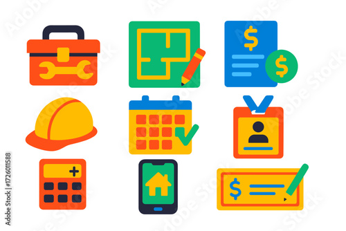 Home Improvement Icons. Flat vector icons of home improvement loans: toolbox, renovation plan, budget sheet; contractor helmet,