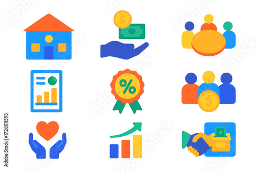 Community Development Icons. Flat vector icons of community development loans: community center, fund allocation, meeting table;
