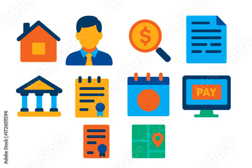 Modern Property Tax Icons. Flat vector icons of property tax: house icon, tax assessor, value appraisal; bill invoice, due date