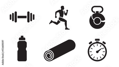 Set of fitness icons simple black glyph vector design elements for gym workout and healthy lifestyle isolated on white background
