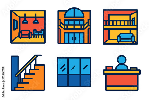 Modern Building Icon Set. Flat vector icons of building interiors: open floor plan, atrium, mezzanine level; staircase, glass