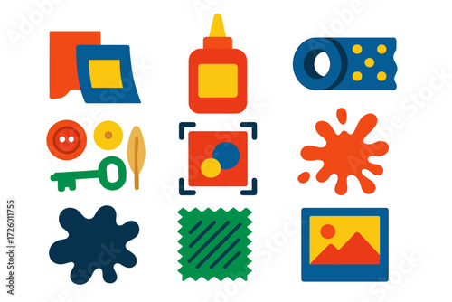 Vibrant Mixed Media Icons. Flat vector icons of mixed media elements: collage paper, glue bottle, washi tape, found objects,