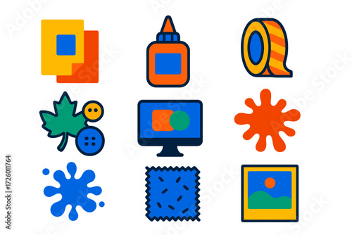 Vibrant Mixed Media Icons. Flat vector icons of mixed media elements: collage paper, glue bottle, washi tape, found objects,