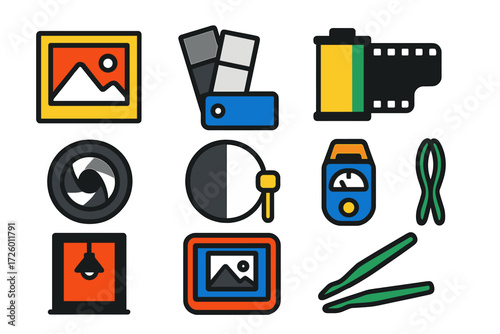Monochrome Photography Icons. Flat vector icons of black-and-white photography: black-and-white photo frame, grayscale swatch,