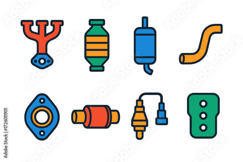 Exhaust System Icons. Flat vector icons of exhaust system: exhaust manifold, catalytic converter, muffler, tailpipe, exhaust