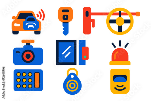 Security System Icons. Flat vector icons of security systems: car alarm, immobilizer key, steering wheel lock, dash cam, window