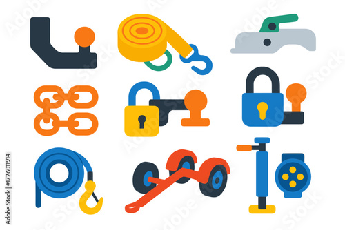 Towing Equipment Icons. Flat vector icons of towing equipment: tow hitch, tow strap, trailer coupling, safety chain, hitch lock,