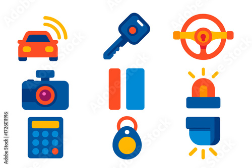 Security System Icons. Flat vector icons of security systems: car alarm, immobilizer key, steering wheel lock, dash cam, window