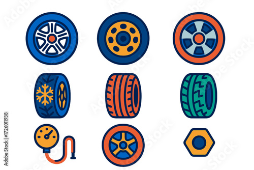 Vibrant Car Wheel Icons. Flat vector icons of car wheels and tyres: alloy wheel, steel rim, hubcap, winter tyre, summer tyre,