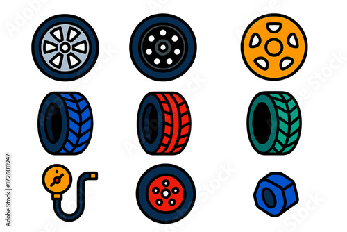 Vibrant Car Wheel Icons. Flat vector icons of car wheels and tyres: alloy wheel, steel rim, hubcap, winter tyre, summer tyre,