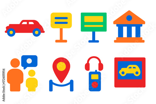 Car Museum Icons. Flat vector icons of car museum and heritage: vintage car silhouette, plaque stand, information board, museum