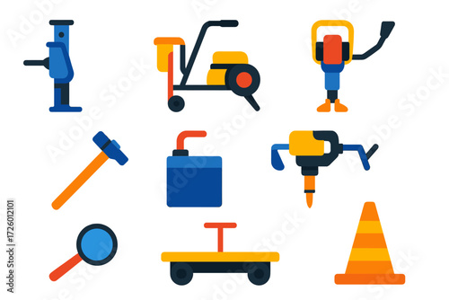 Railway Tools Icons. Flat vector icons of railway maintenance tools: track jack, rail grinder, ballast tamper, spike maul, switch