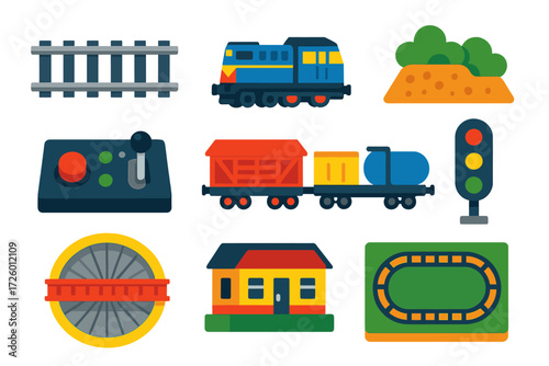Model Railroading Icons. Flat vector icons of model railroading: N gauge track, HO scale locomotive, ballast scenery, miniature
