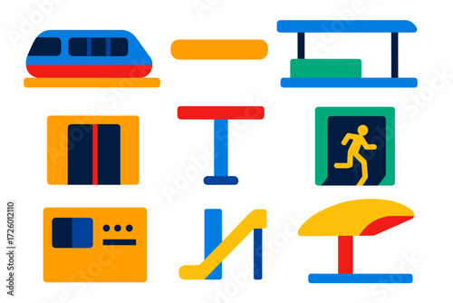 Monorail Icon Set. Flat vector icons of monorail features: monorail car, guide beam, station platform, boarding gate, support