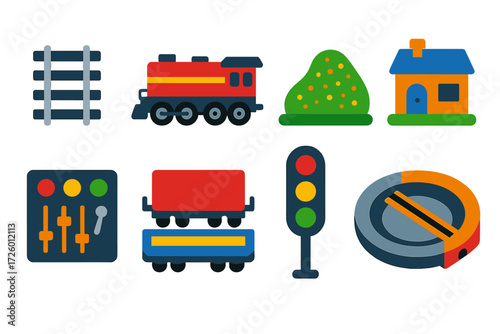 Model Railroading Icons. Flat vector icons of model railroading: N gauge track, HO scale locomotive, ballast scenery, miniature