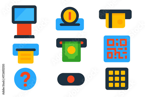 Colorful Payment Kiosk Icons. Flat vector icons of payment kiosks: touchscreen kiosk, coin slot, card slot, receipt dispenser,