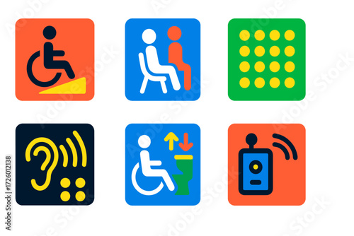 Accessibility Icons Set. Flat vector icons of accessibility features: wheelchair ramp, priority seating, tactile paving, auditory