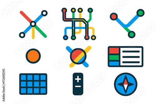 Minimal Transit Icons. Flat vector icons of transit maps: metro map, bus network, route lines, station dot, interchange icon,