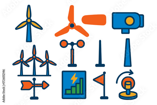 Wind Energy Icons. Flat vector icons of wind power: wind turbine, rotor blade, nacelle, wind farm, anemometer, tower, wind vane,