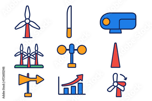 Wind Energy Icons. Flat vector icons of wind power: wind turbine, rotor blade, nacelle, wind farm, anemometer, tower, wind vane,